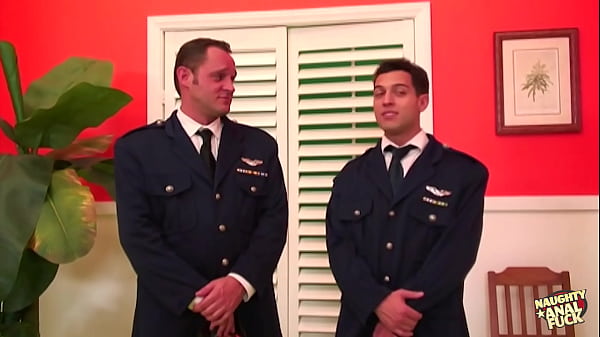 Two pilots share a blonde sexy milf and fill her mouth with cum after double penetration